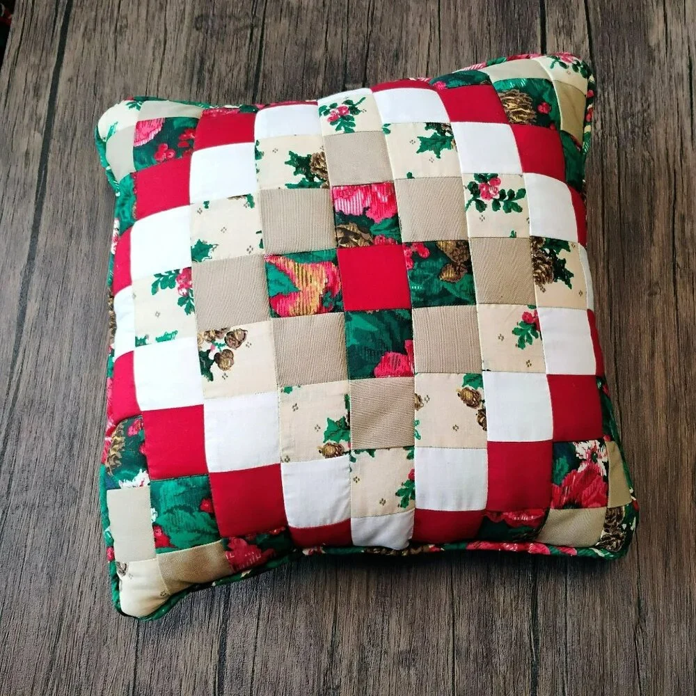 Holiday Patchwork Throw Pillow, Vintage Handmade Quilted Red Green Floral 14